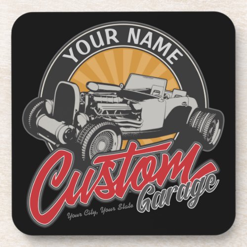 Personalized Hot Rod Garage Retro Custom Roadster  Beverage Coaster