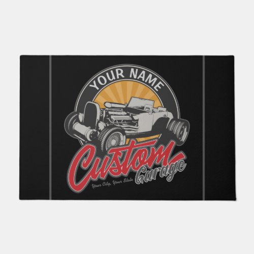 Personalized Hot Rod Garage Retro Custom Roadster Doormat