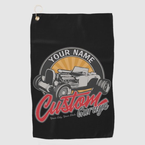 Personalized Hot Rod Garage Retro Custom Roadster Golf Towel