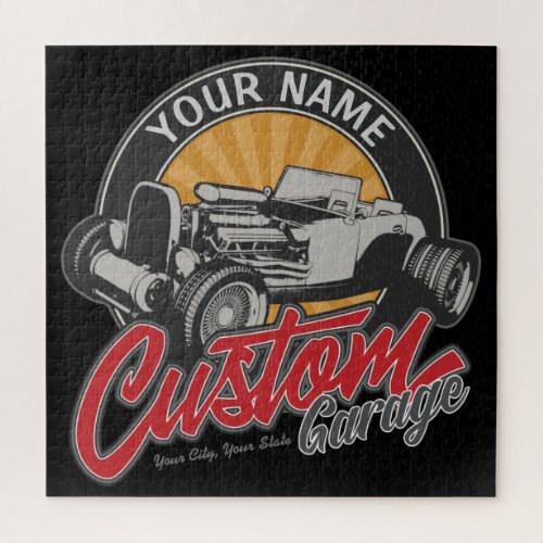 Personalized Hot Rod Garage Retro Custom Roadster Jigsaw Puzzle