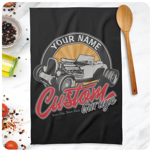 Personalized Hot Rod Garage Retro Custom Roadster Kitchen Towel
