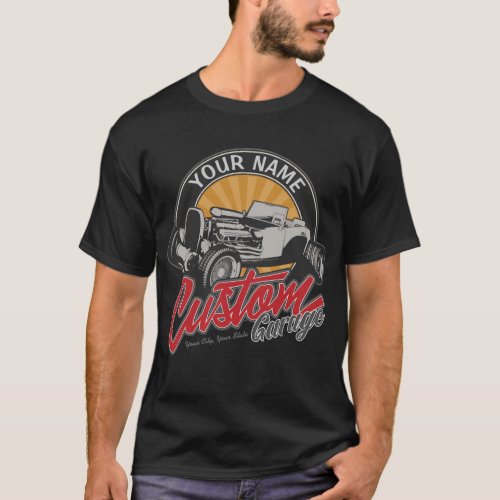 Personalized Hot Rod Garage Retro Custom Roadster  T_Shirt