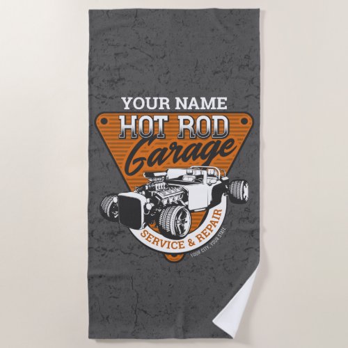 Personalized Hot Rod Garage Roadster Repair Shop  Beach Towel
