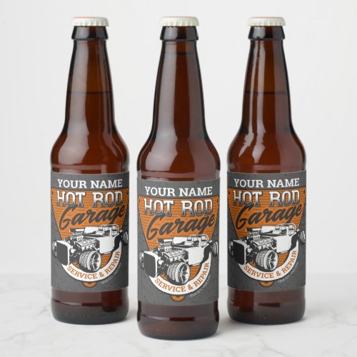 Personalized Hot Rod Garage Roadster Repair Shop   Beer Bottle Label