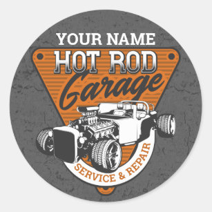 Personalized Hot Rod Garage Roadster Repair Shop  Classic Round Sticker