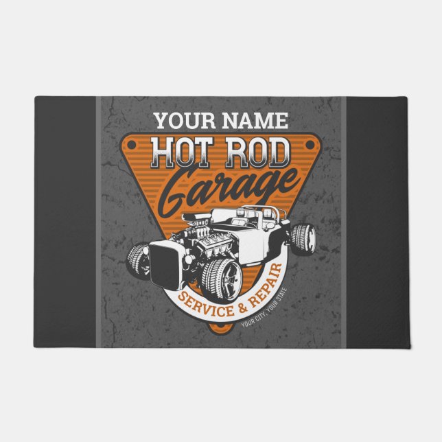 Personalized Hot Rod Garage Roadster Repair Shop  Doormat (Front)