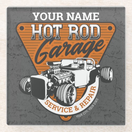 Personalized Hot Rod Garage Roadster Repair Shop   Glass Coaster