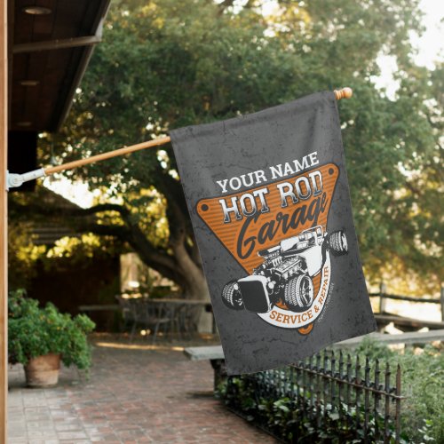 Personalized Hot Rod Garage Roadster Repair Shop   House Flag