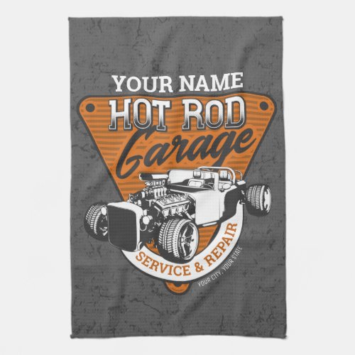 Personalized Hot Rod Garage Roadster Repair Shop   Kitchen Towel