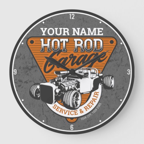Personalized Hot Rod Garage Roadster Repair Shop Large Clock