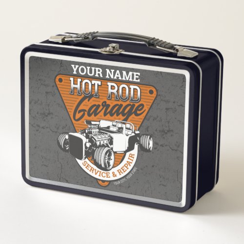 Personalized Hot Rod Garage Roadster Repair Shop Metal Lunch Box