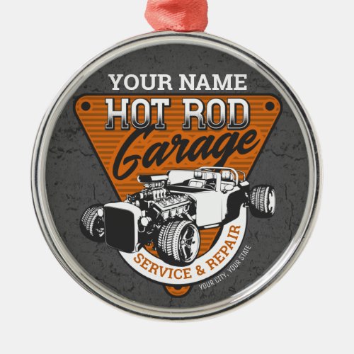 Personalized Hot Rod Garage Roadster Repair Shop  Metal Ornament