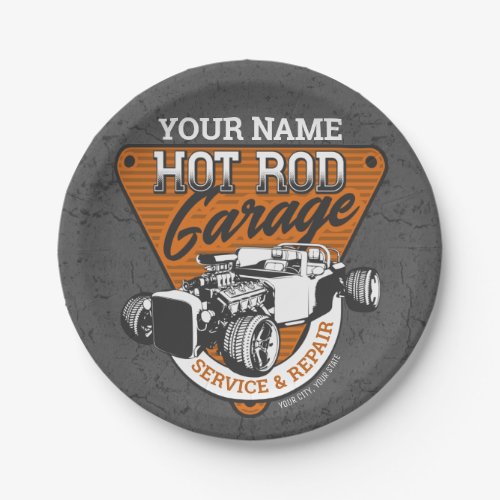 Personalized Hot Rod Garage Roadster Repair Shop Paper Plates