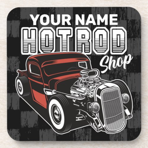 Personalized Hot Rod Shop Retro Garage Truck Beverage Coaster