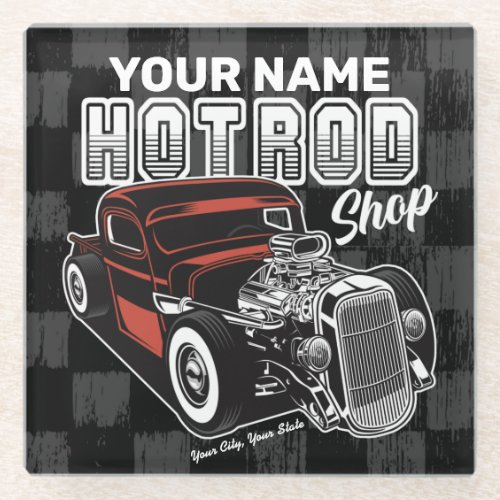 Personalized Hot Rod Shop Retro Garage Truck Glass Coaster