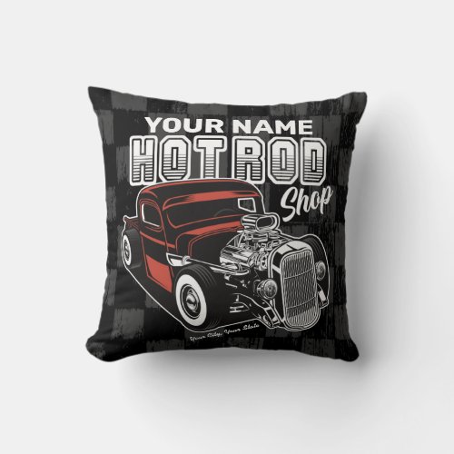 Personalized Hot Rod Shop Retro Garage Truck Throw Pillow