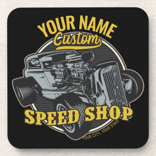 Personalized Hot Rod Speed Shop Racing Garage Beverage Coaster