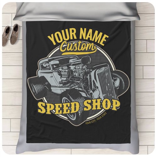 Personalized Hot Rod Speed Shop Racing Garage  Fleece Blanket