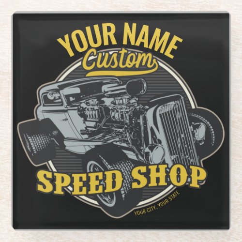 Personalized Hot Rod Speed Shop Racing Garage Glass Coaster