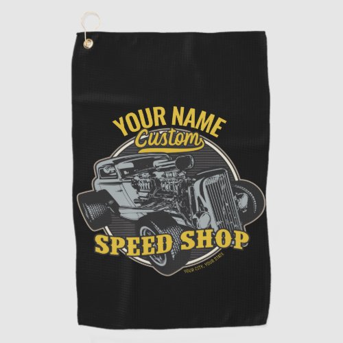 Personalized Hot Rod Speed Shop Racing Garage Golf Towel