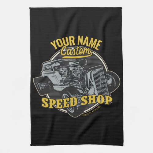Personalized Hot Rod Speed Shop Racing Garage Kitchen Towel