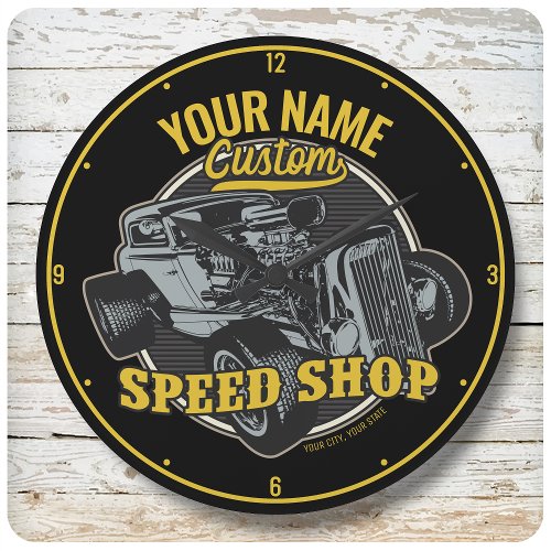 Personalized Hot Rod Speed Shop Racing Garage Large Clock