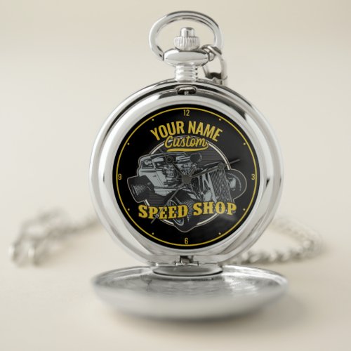 Personalized Hot Rod Speed Shop Racing Garage Pocket Watch