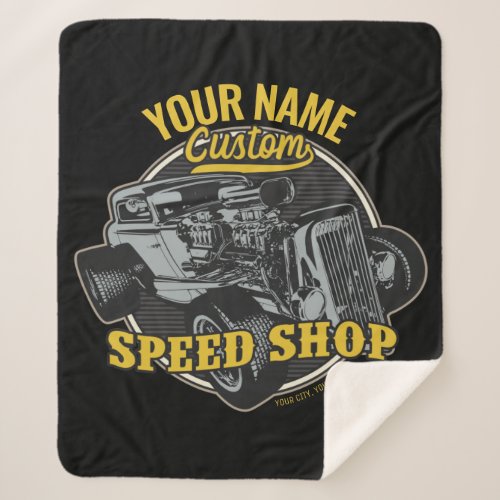 Personalized Hot Rod Speed Shop Racing Garage Sherpa Blanket