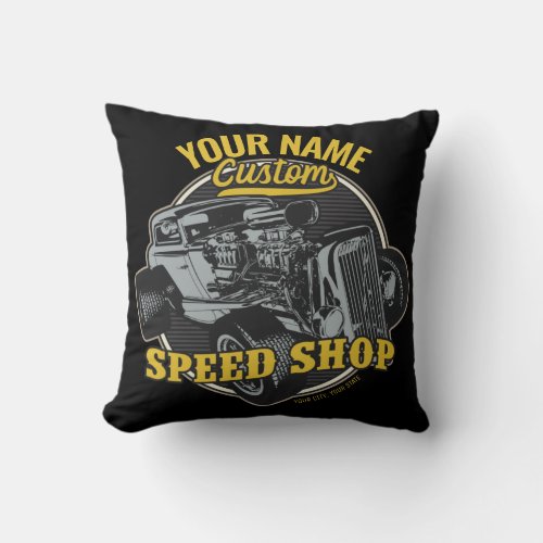 Personalized Hot Rod Speed Shop Racing Garage Throw Pillow