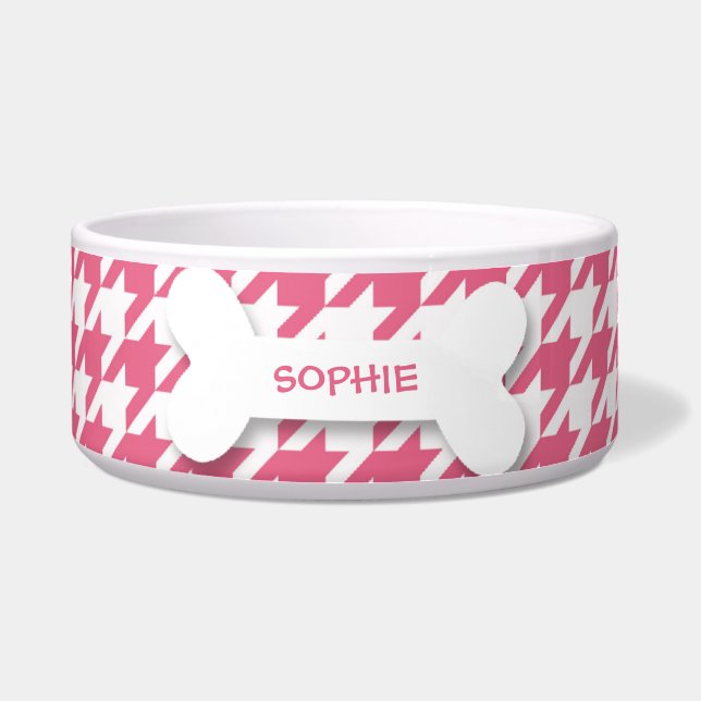 Personalized houndstooth dog bone pet food bowl (Front)