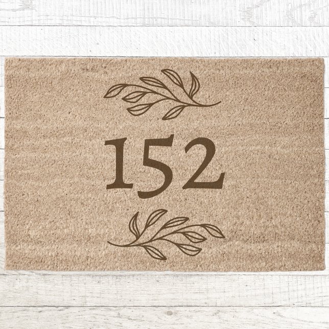 Personalized House Number Botanical Leaves Fiber Doormat (Modern minimalist house number botanical leaf personalized coir doormat)