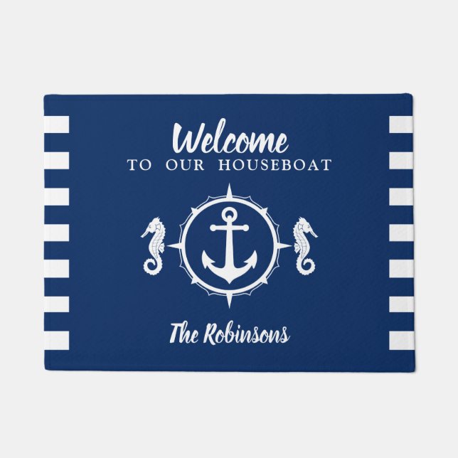 Personalized Houseboat With Seahorse Anchor Doormat (Front)