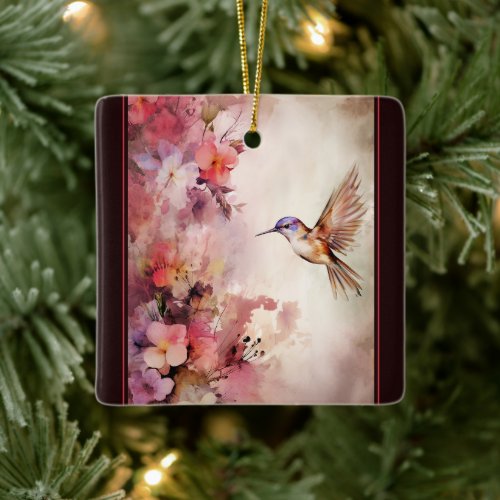 Personalized Hummingbird and Flowers Christmas Ceramic Ornament