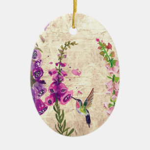 Personalized Hummingbird and Flowers Christmas Ceramic Ornament
