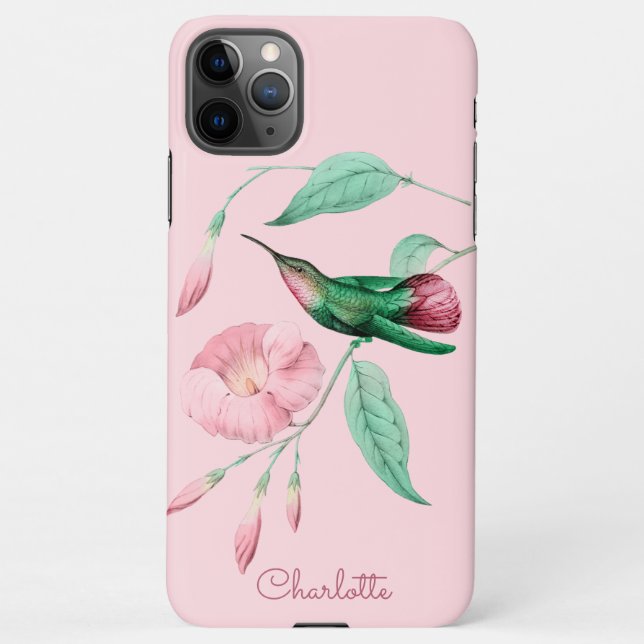 Personalized Hummingbird Floral Add Name iPhone Case (Back)