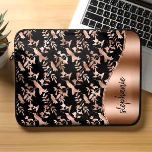 Personalized Hummingbird Pattern Rose Gold Black Laptop Sleeve