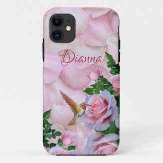 Personalized Hummingbird Pink Roses and Petals