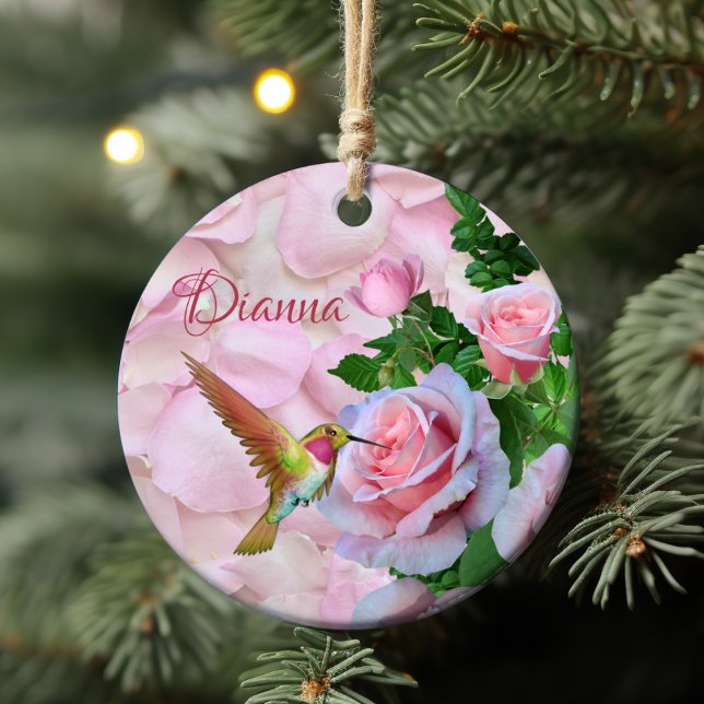 Personalized Hummingbird Pink Roses and Petals Ceramic Ornament (Personalized Hummingbird Pink Roses and Petals Ceramic Ornament)