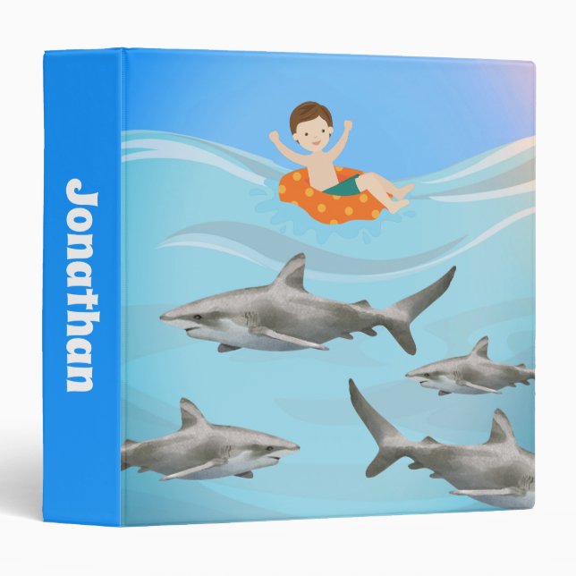Personalized Humorous Boy with Sharks Beach School 3 Ring Binder (Front/Spine)