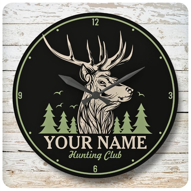 Personalized Hunter Deer Elk Antler Hunting Club Large Clock (Creator Uploaded)