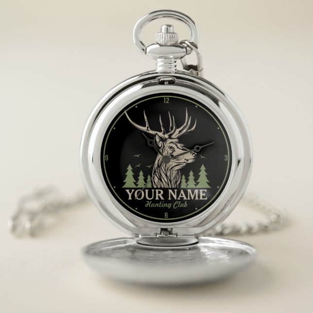 Personalized Hunter Deer Elk Antler Hunting Club Pocket Watch (Inside)
