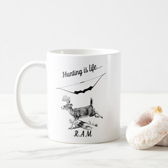 Personalized Hunting Is Life Buck and Archery Bow Coffee Mug (With Donut)