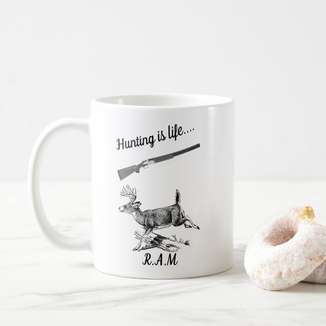 Personalized Hunting Is Life Buck and Shotgun Coffee Mug (With Donut)