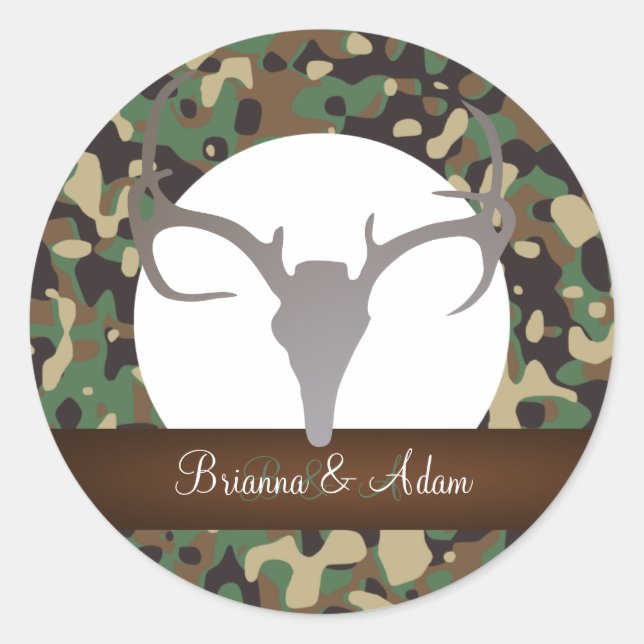 Personalized Hunting Theme Antlers Camo Wedding Classic Round Sticker (Front)