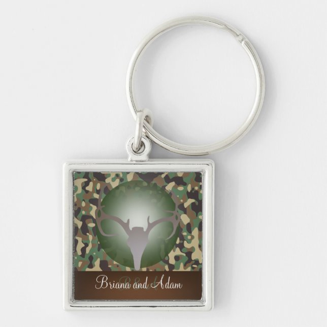 Personalized Hunting Theme Deer Antlers Camo Keychain (Front)
