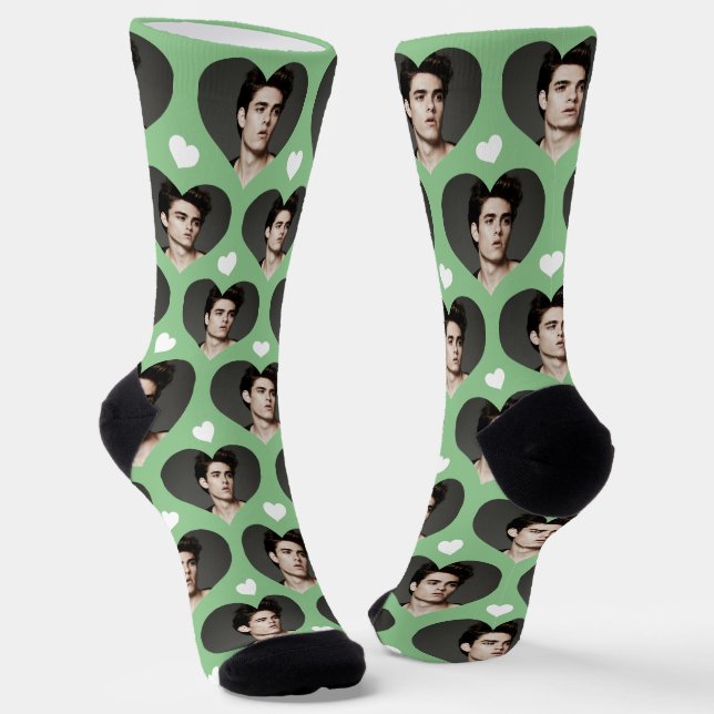 Personalized Husband Photo Heart Love Sage Green Socks (Angled)