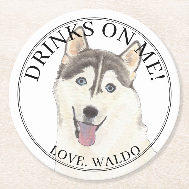 Personalized Husky Dog Wedding Round Paper Coaster (Front)