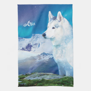 Personalized Husky dog with mountains  Kitchen Towel