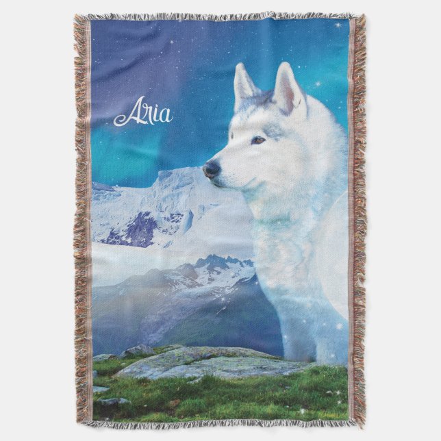 Personalized Husky dog with mountains Throw Blanket (Front Vertical)