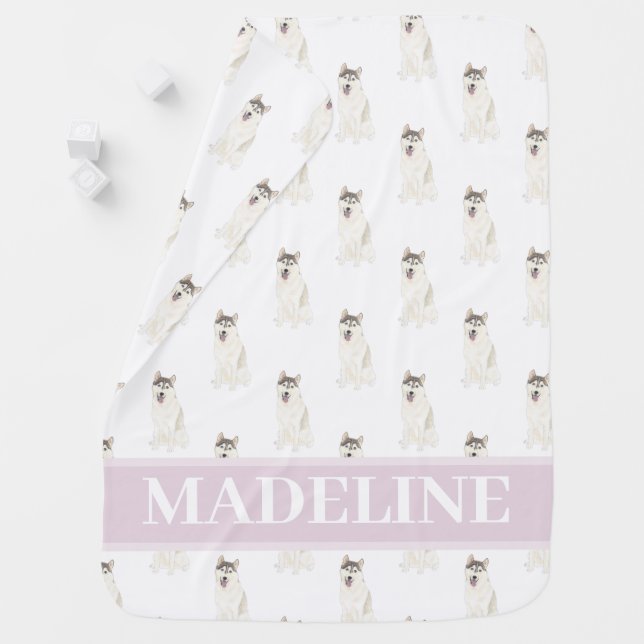 Personalized Husky Pink & White Baby Blanket (In Situ)